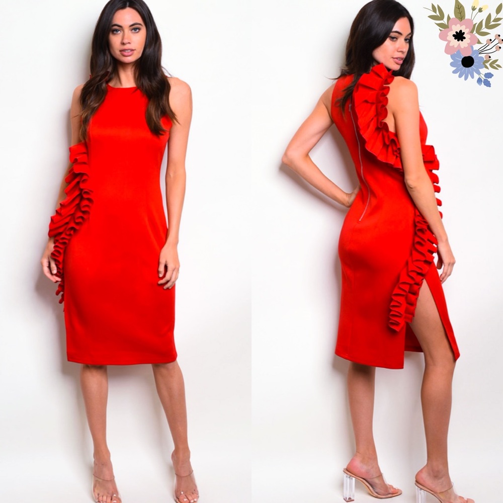 DONATED❗️ 🆕 Red Midi Dress w Ruffles on side; S, M, L